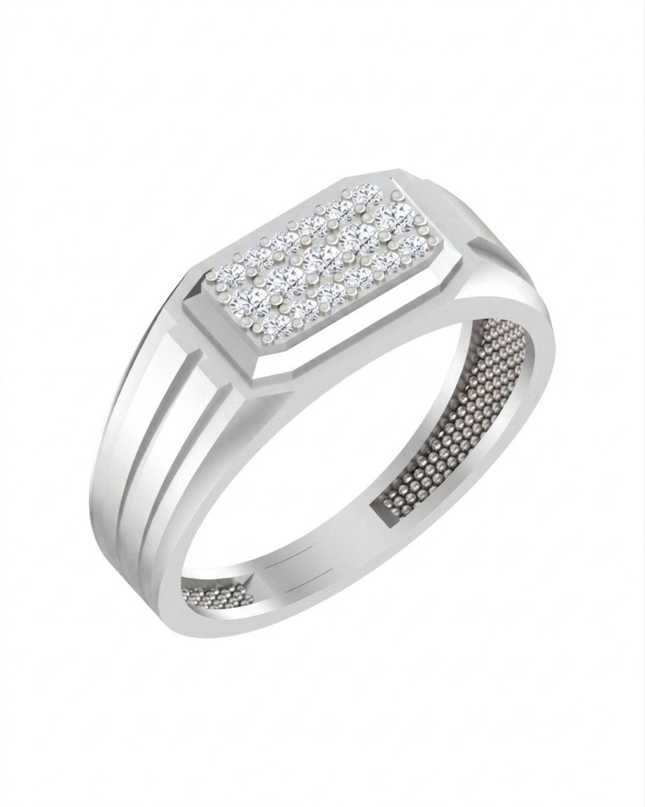 A men's white gold ring with a rectangular diamond, shown on a plain white background.