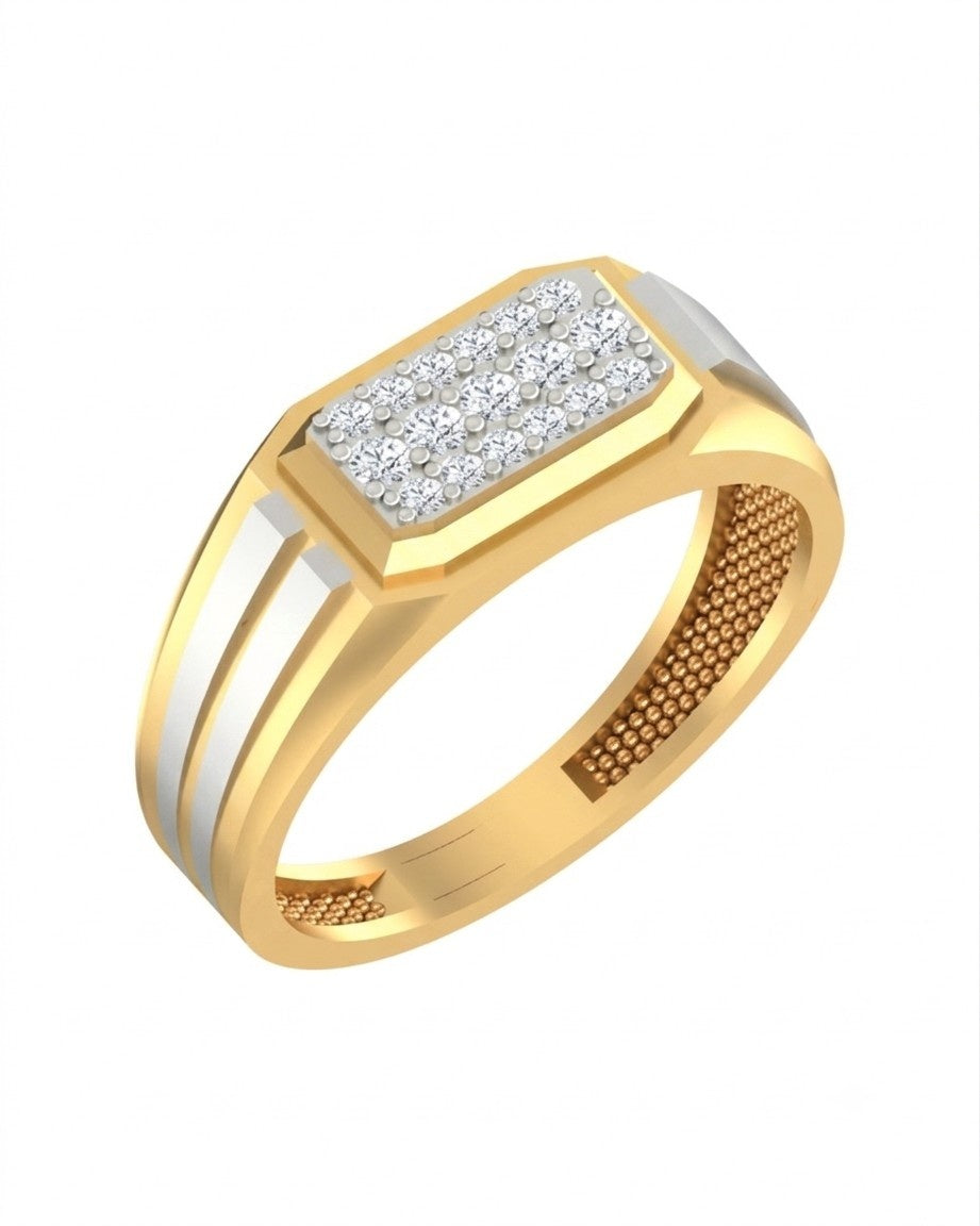 A men's yellow gold ring with a rectangular diamond, shown on a plain white background.