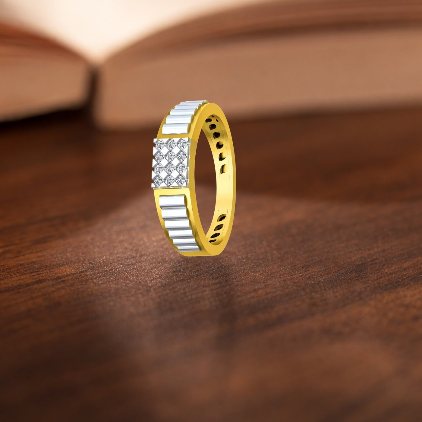Gold featuring a central diamond cluster on a wooden surface.
