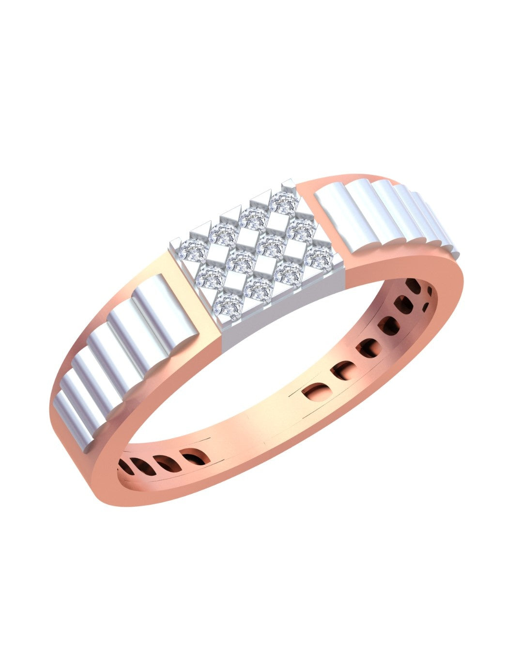A rose gold featuring a central diamond cluster on a plain white background.