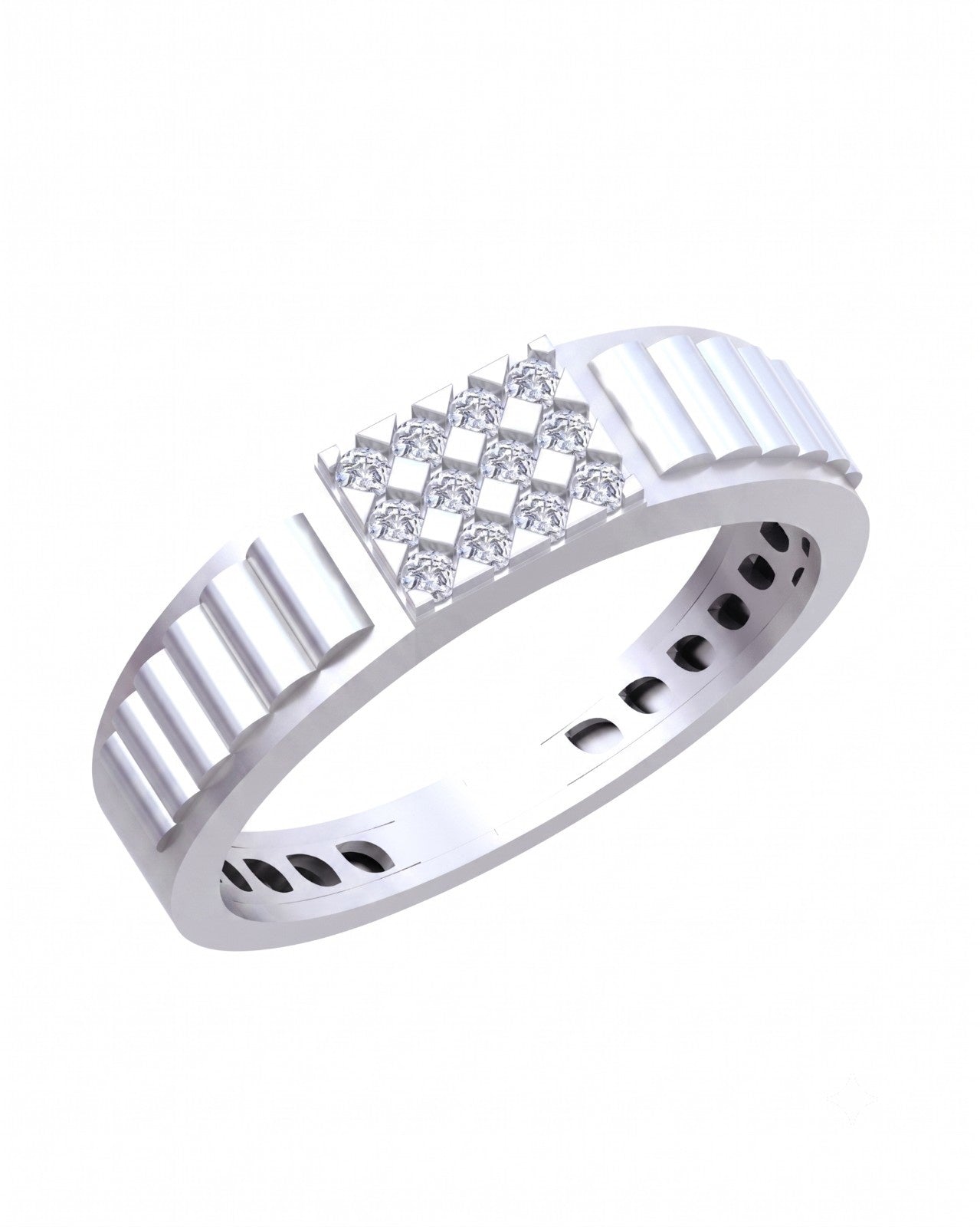 A white gold featuring a central diamond cluster on a plain white background.