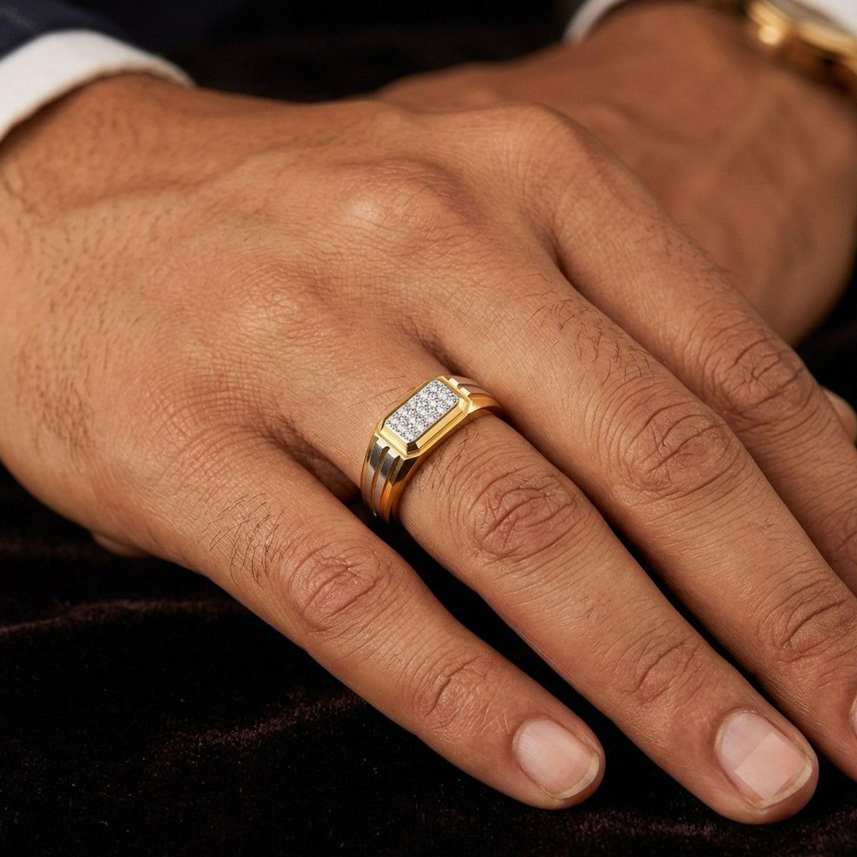 Close-up of shot of a gold and diamond band ring