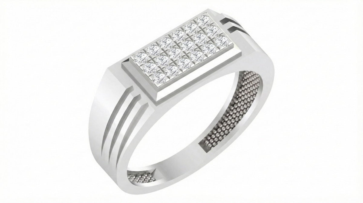 White gold and diamond band ring on a white background.