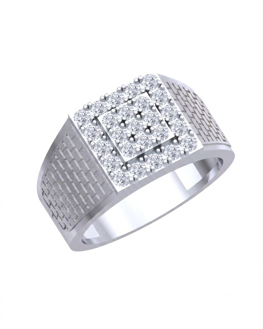 A men's square ring featuring a white gold band with a textured pattern on the sides, on a white background.