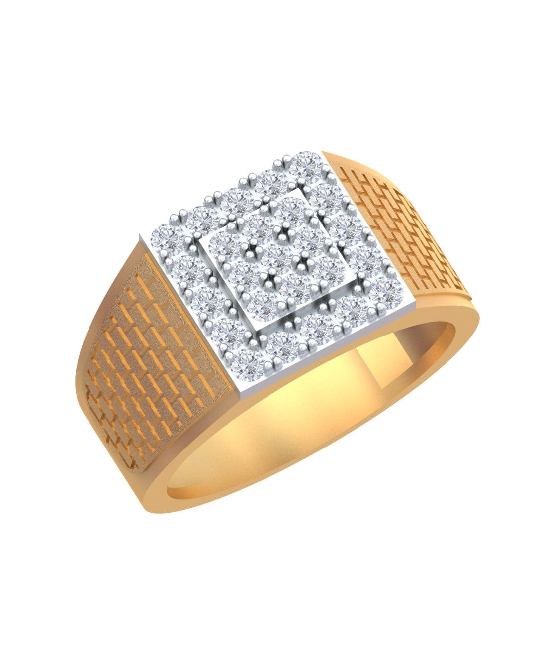 A men's square ring featuring a yellow gold band with a textured pattern on the sides, on a white background.