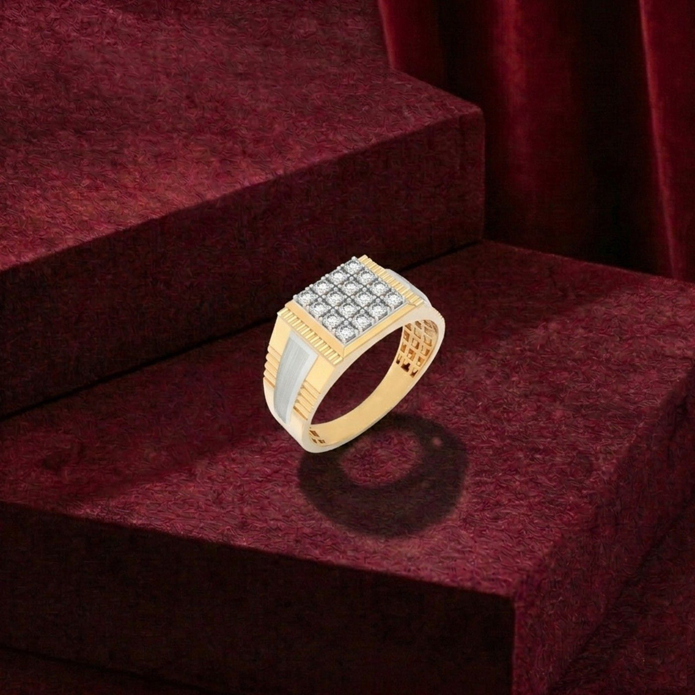 Gold ring with diamonds on a red velvet background