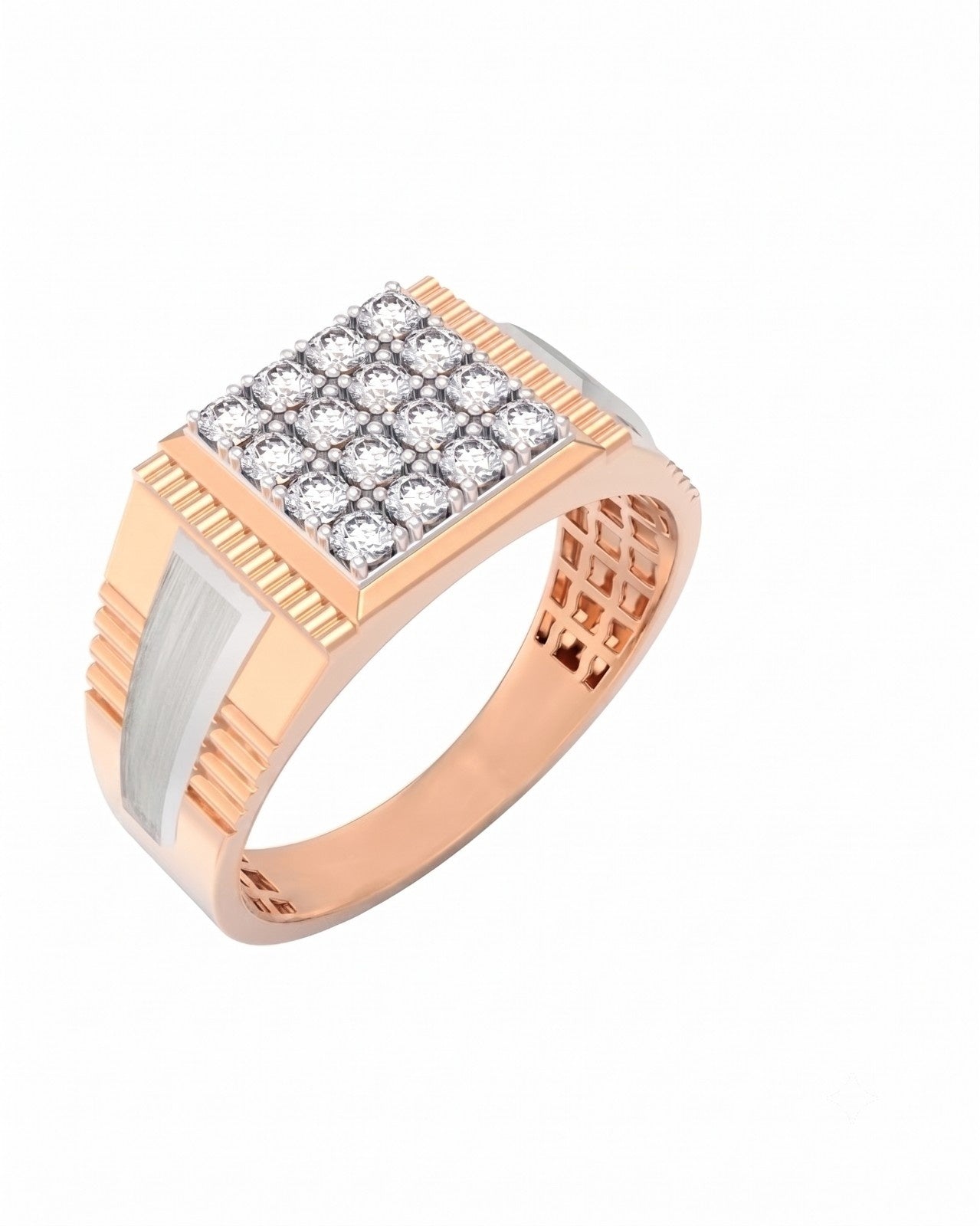 A men's signet ring featuring a rose gold anddiamond, with a square face paved with small clear stones, shown on a plain white background.