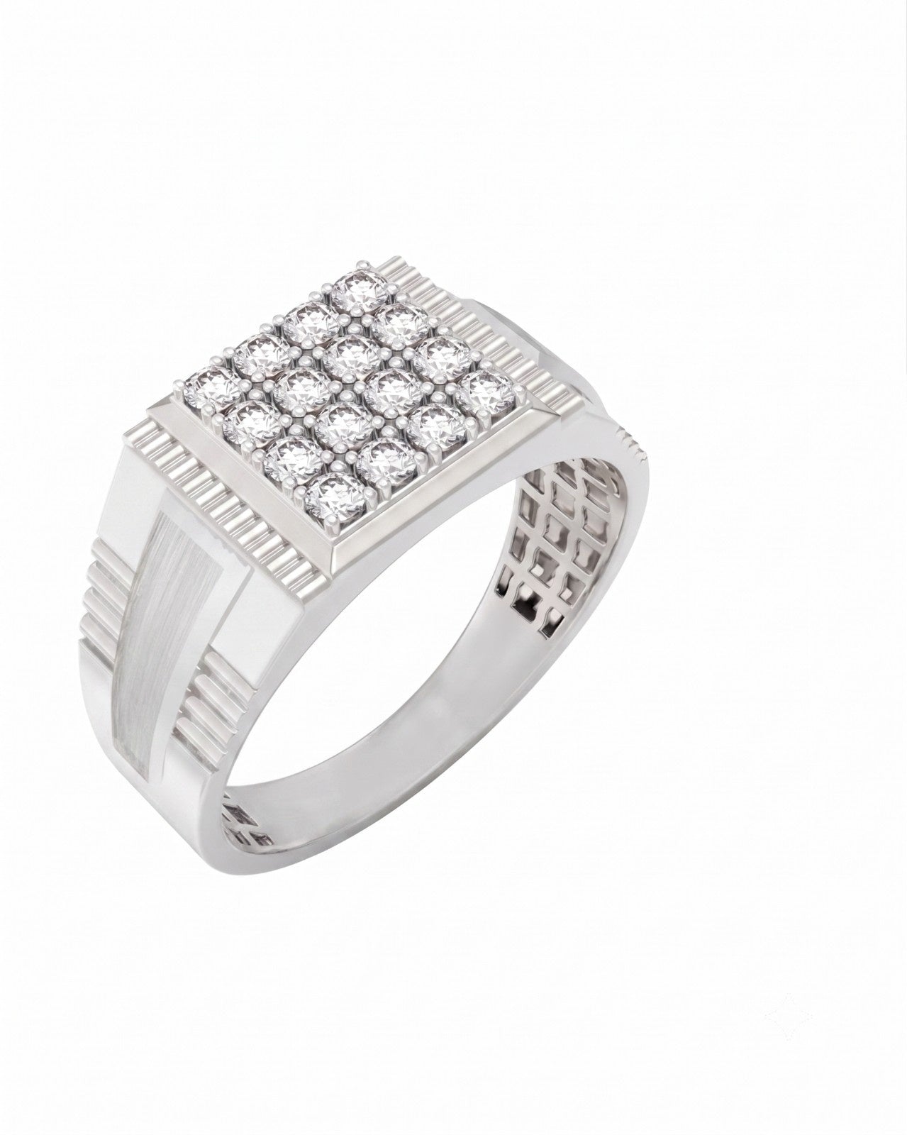 A men's signet ring featuring a white gold anddiamond, with a square face paved with small clear stones, shown on a plain white background.