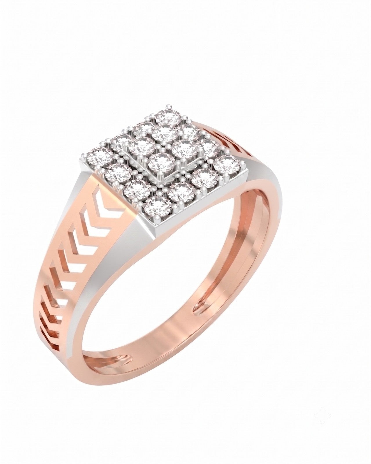 A rose gold and dimaond ring featuring a square cluster of clear pavé diamonds, on a white background.
