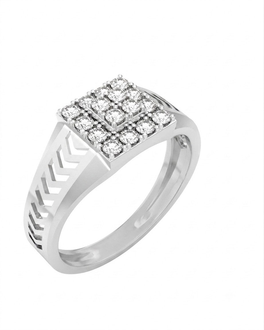 A white gold and dimaond ring featuring a square cluster of clear pavé diamonds, on a white background.
