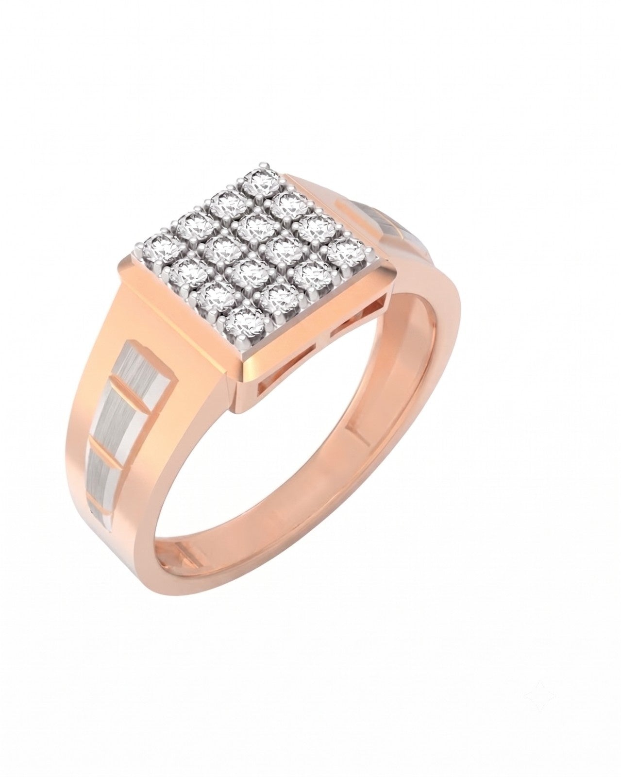 Rose gold and diamond mens ring on a white background. 