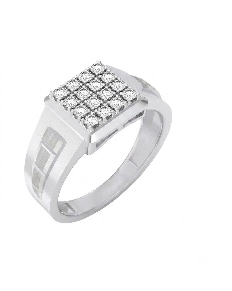 White gold and diamond mens ring on a white background. 