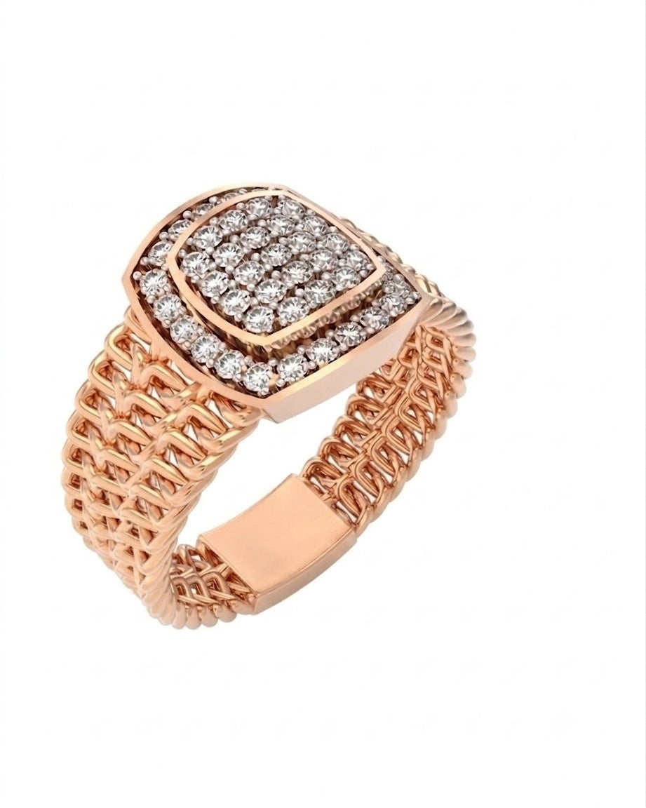 A rose gold ring with a textured and a square-shaped, shown on a plain white background.