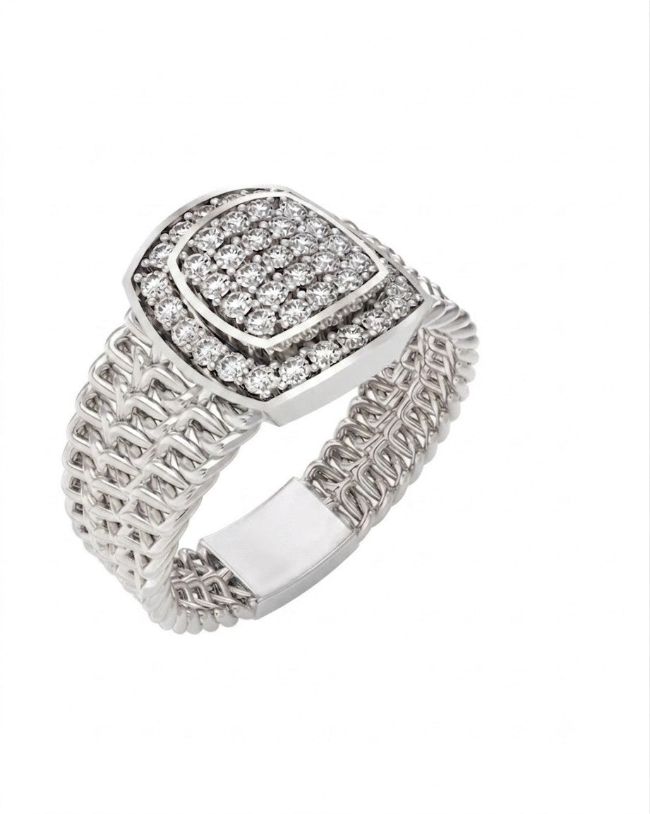 A white gold ring with a textured and a square-shaped, shown on a plain white background.