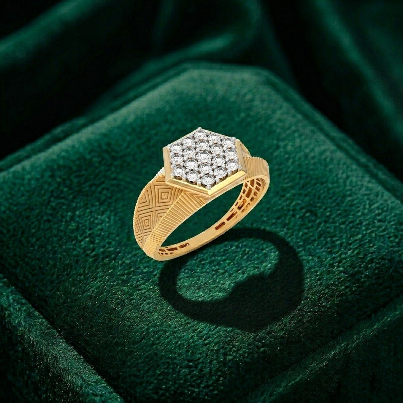 Gold ring with diamond accents on a green velvet surface