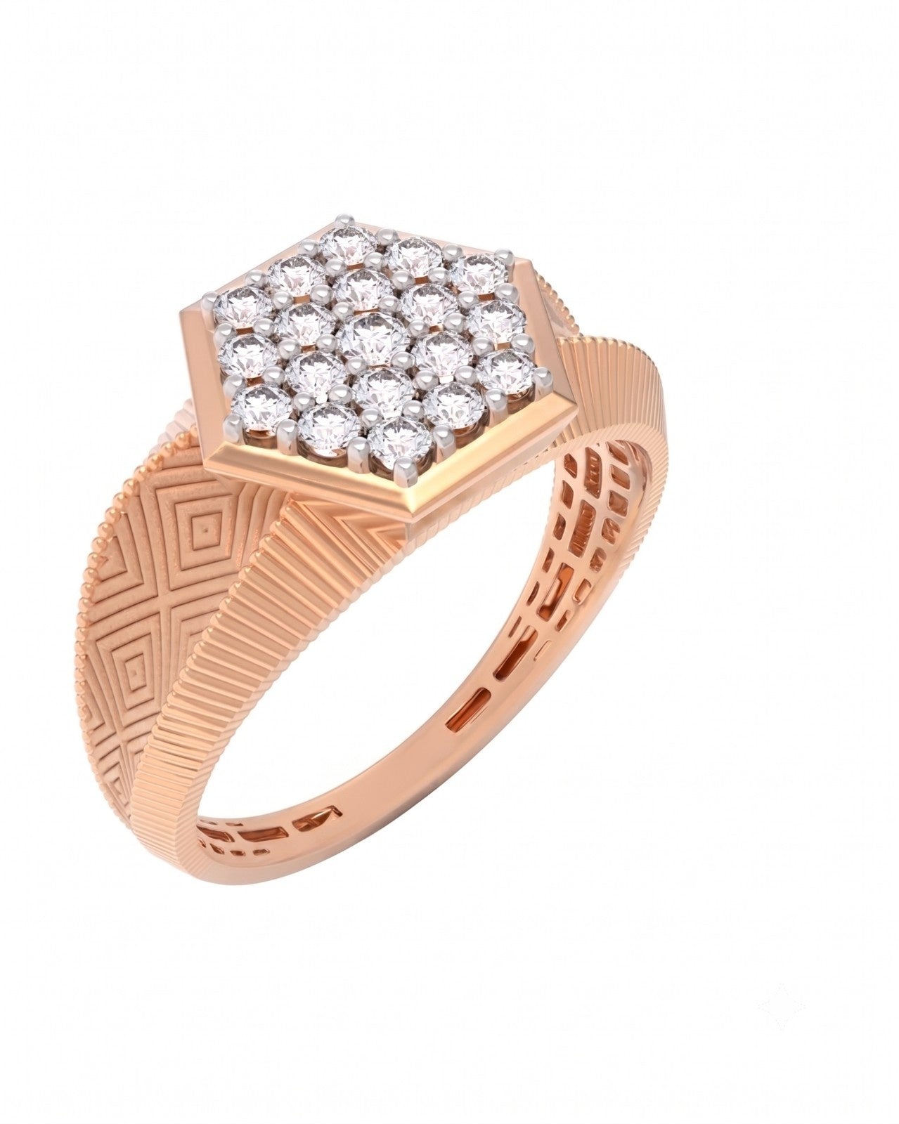A rose gold ring featuring a hexagonal cluster, with a textured geometric, shown against a plain white background.