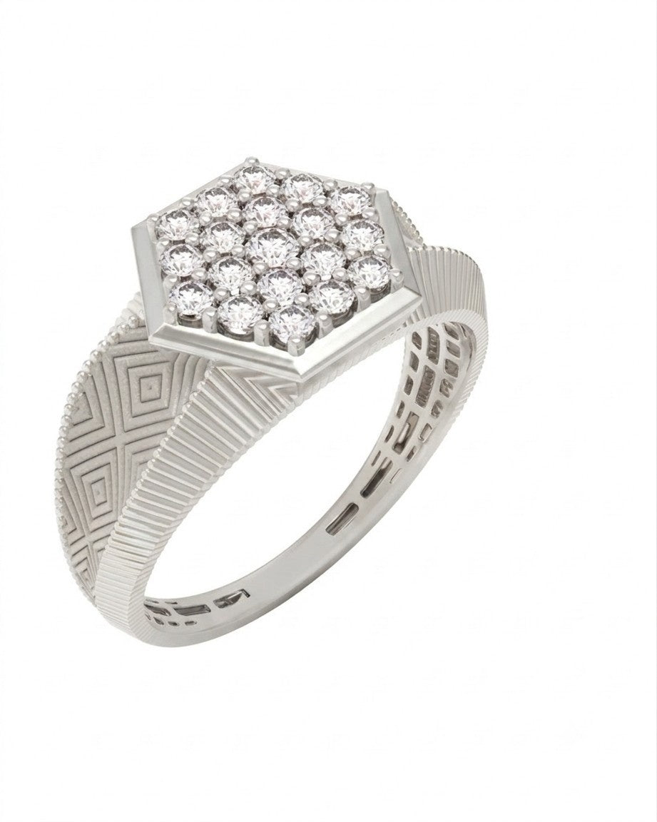 A white gold ring featuring a hexagonal cluster, with a textured geometric, shown against a plain white background.