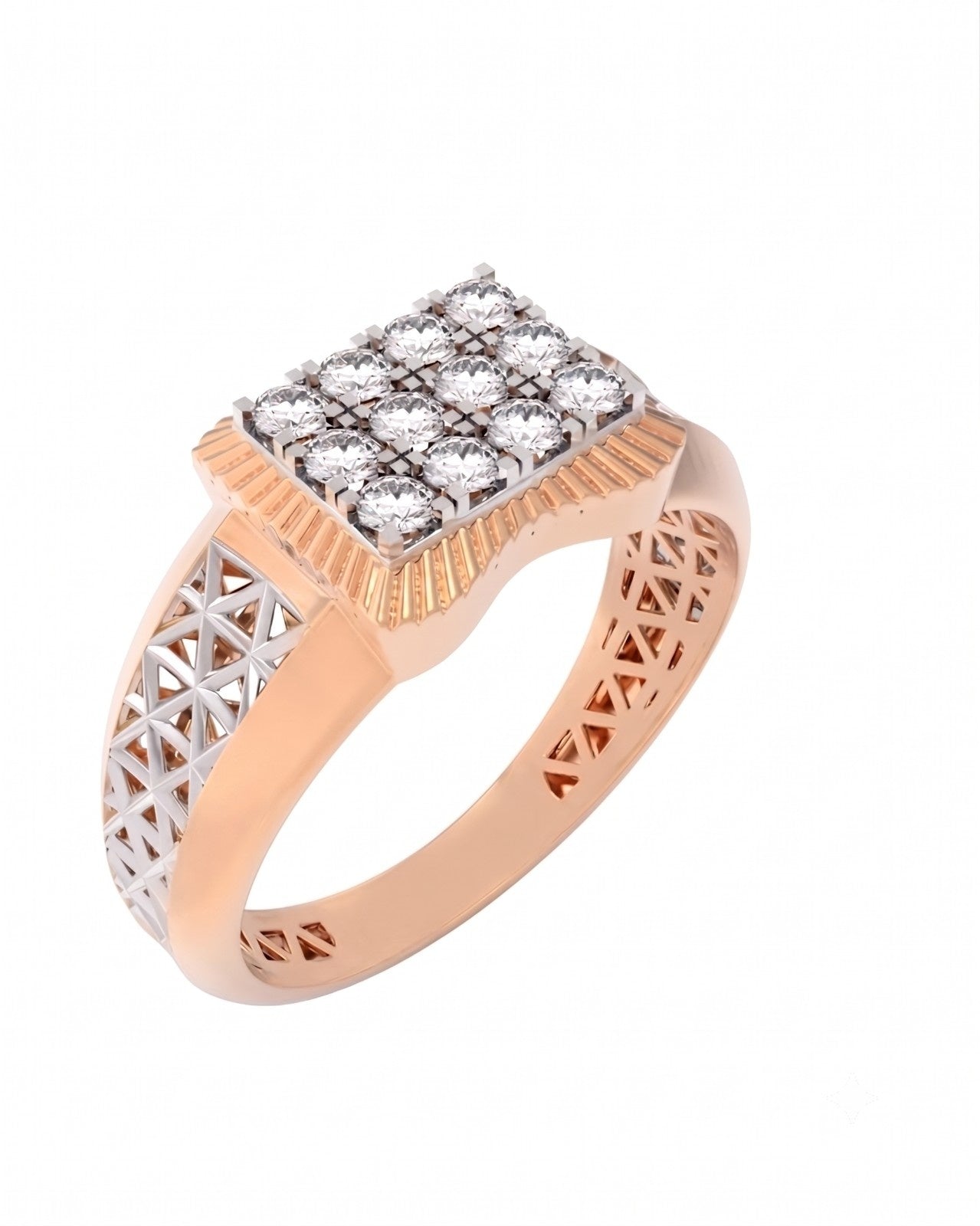 A rose gold and diamond ring featuring a square-shaped diamond cluster, with geometric openwork detailing on the band, set against a plain white background.