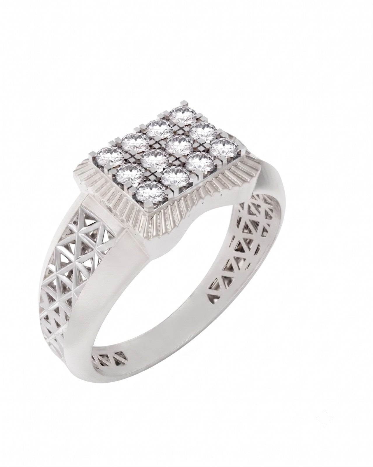 A diamond gold and diamond ring featuring a square-shaped diamond cluster, with geometric openwork detailing on the band, set against a plain white background.