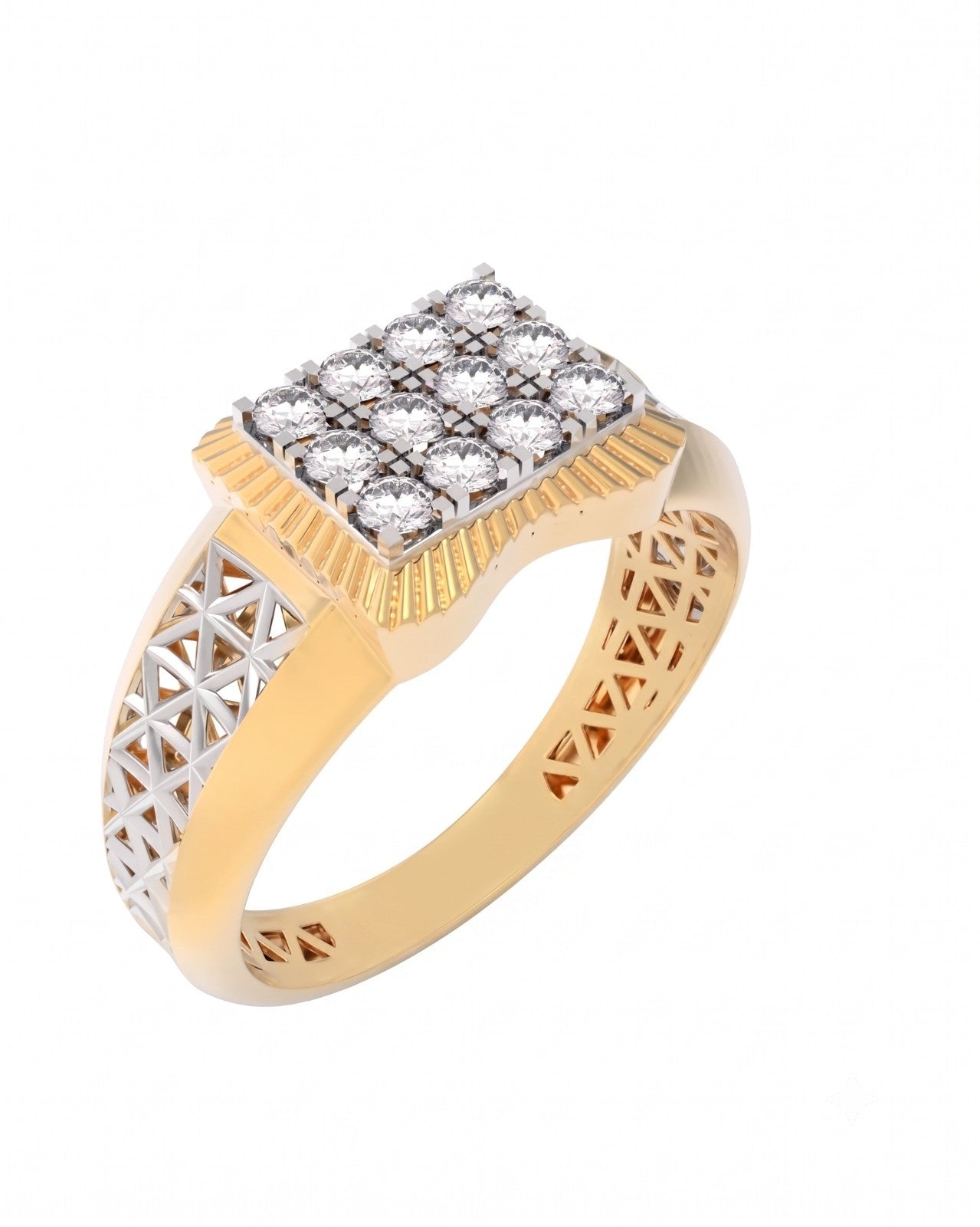 A yellow gold and diamond ring featuring a square-shaped diamond cluster, with geometric openwork detailing on the band, set against a plain white background.