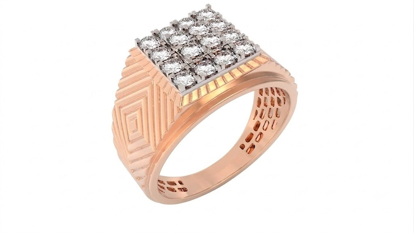 A men's signet-style ring in rose gold with a square diamond cluster top, shown on a plain white background.