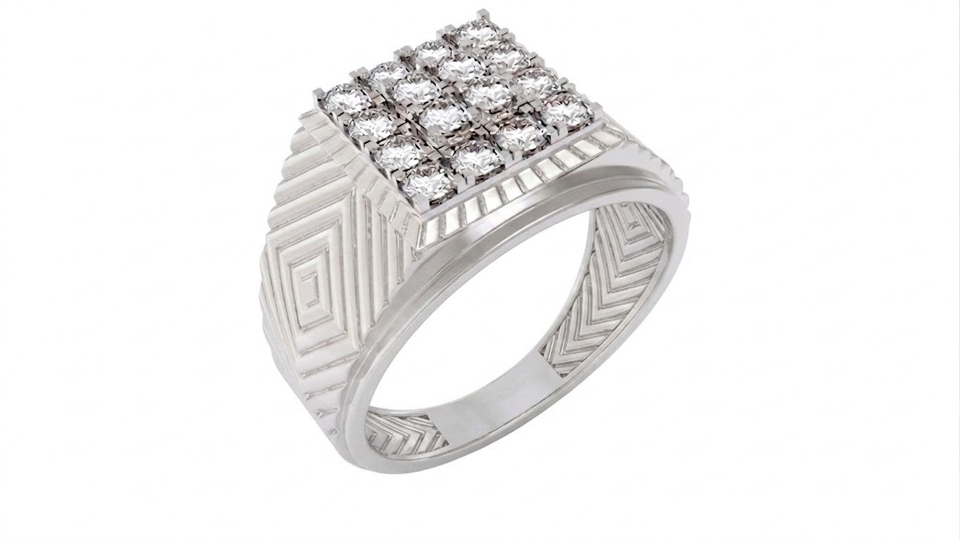 A men's signet-style ring in white gold with a square diamond cluster top, shown on a plain white background.