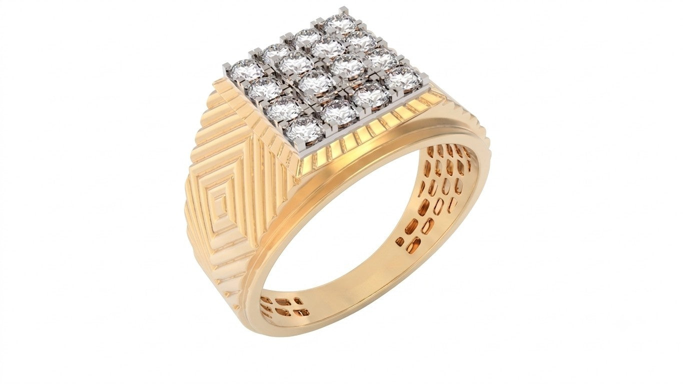 A men's signet-style ring in yellow gold with a square diamond cluster top, shown on a plain white background.