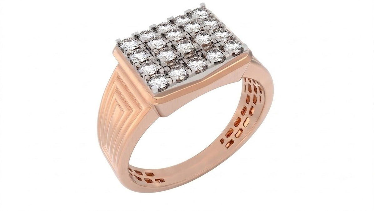 A rose gold signet ring featuring a square-shaped pavé setting, shown on a plain white background.