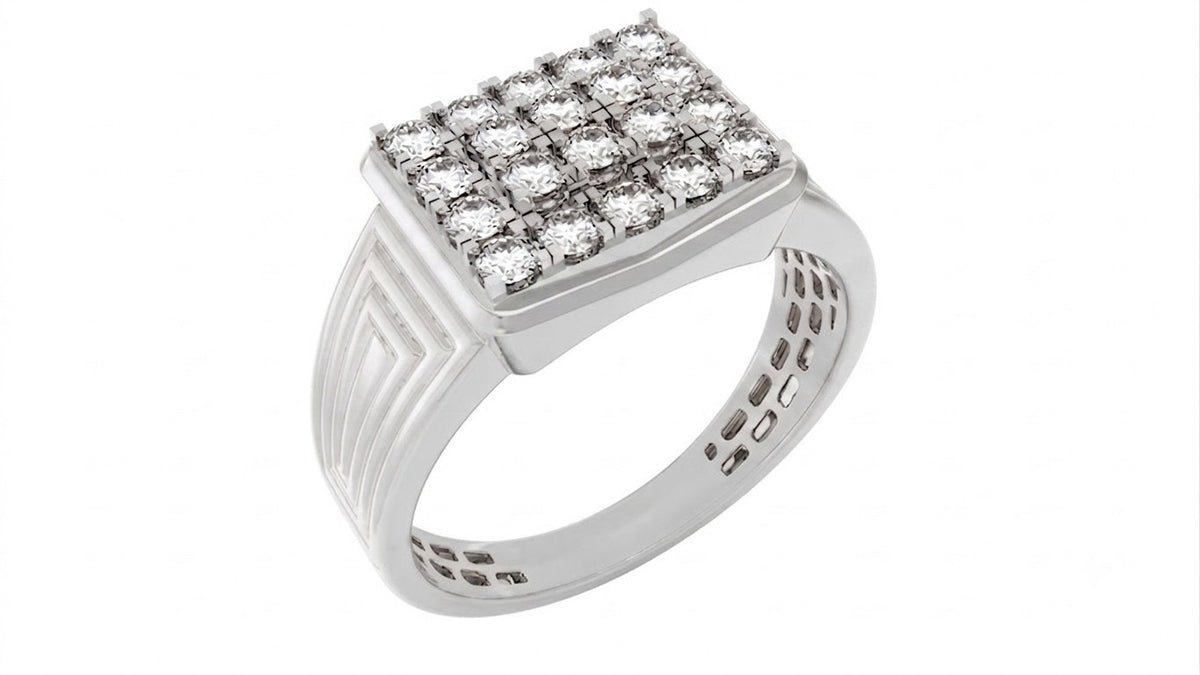 A white men's signet ring featuring a square-shaped pavé diamond setting on a white background.