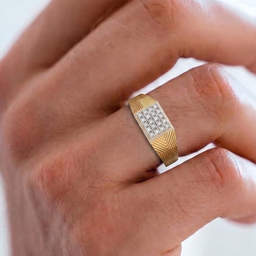 Gold ring with diamond accents on a person's finger against a white background