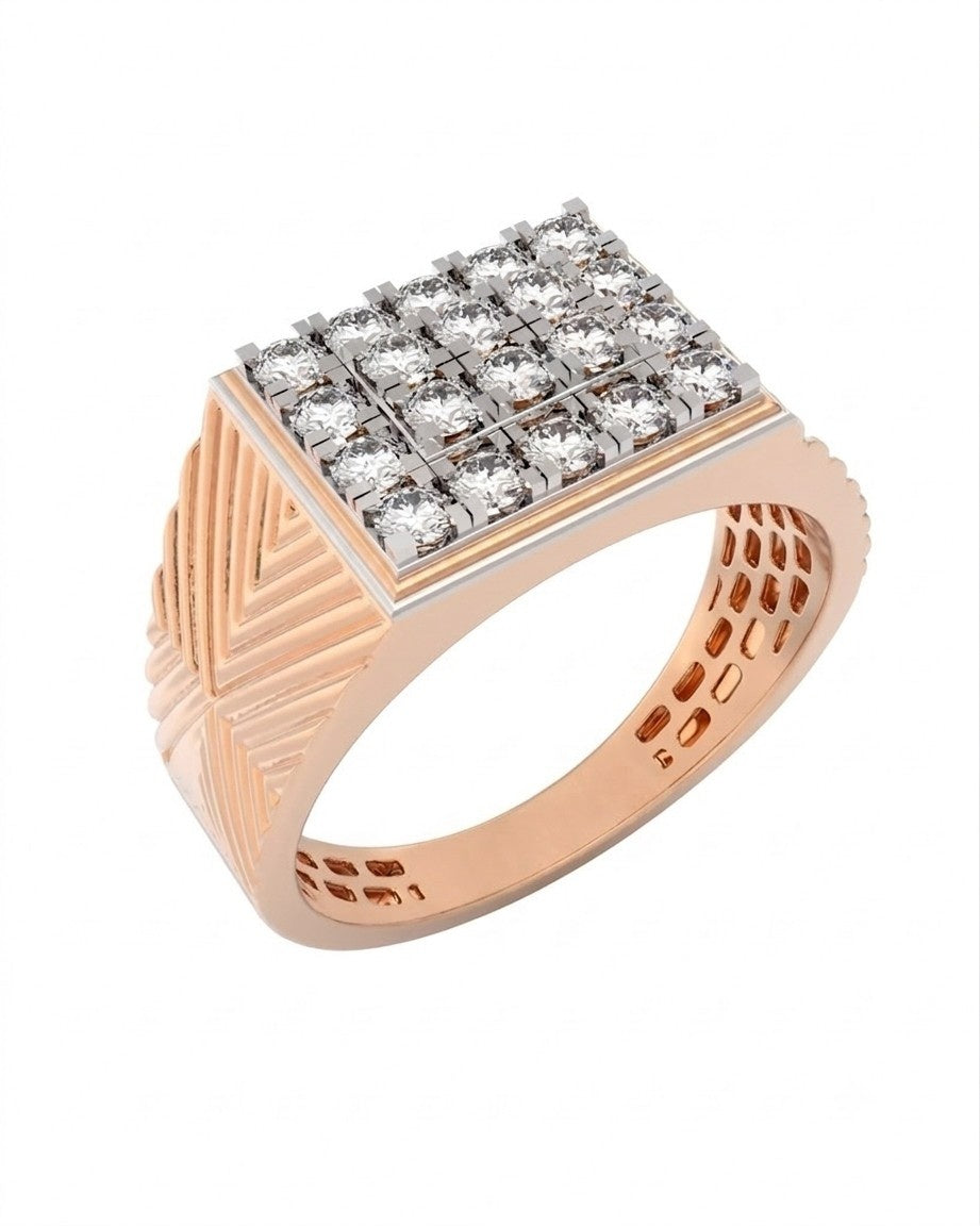 A men's statement rose gold  ring featuring a square top paved with geometric on a white background.