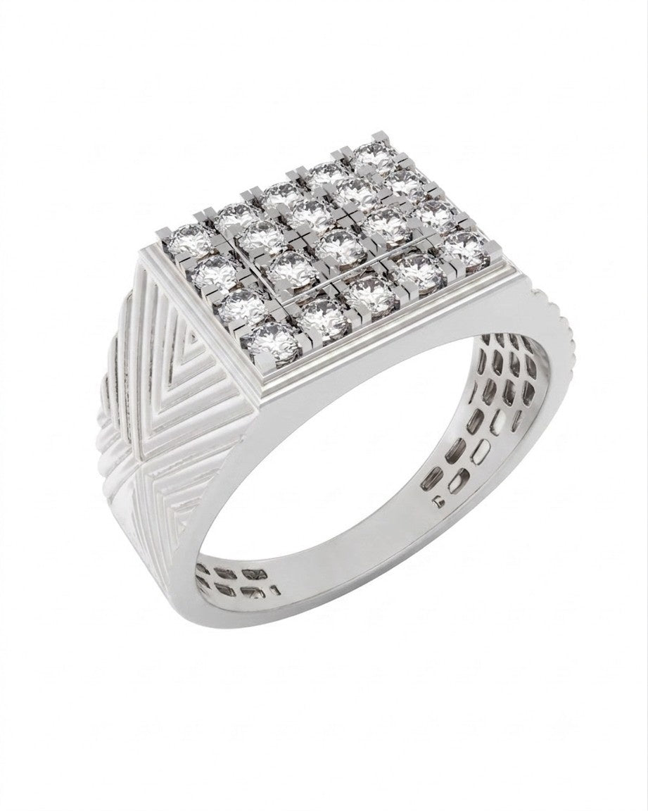A men's statement white gold  ring featuring a square top paved with geometric on a white background.