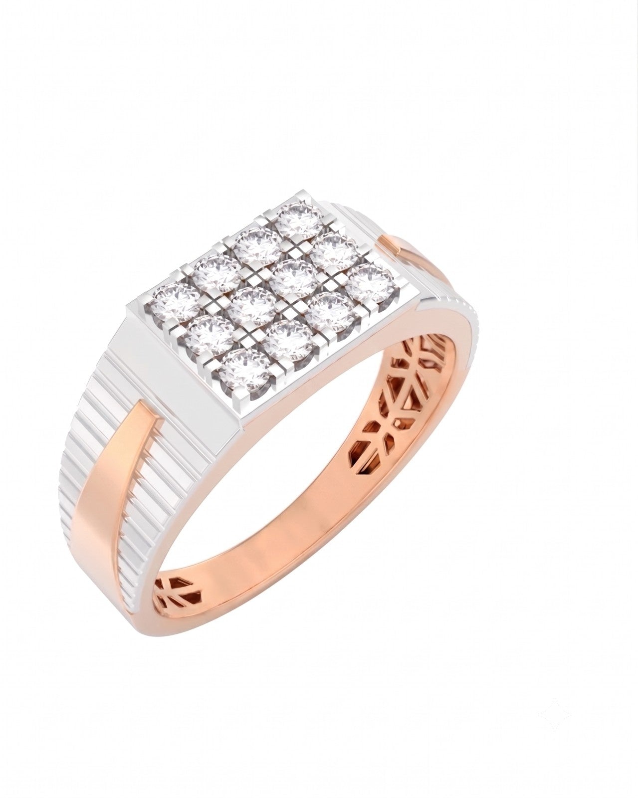 A rose gold and diamond men's ring featuring a square diamond cluster on a white background.