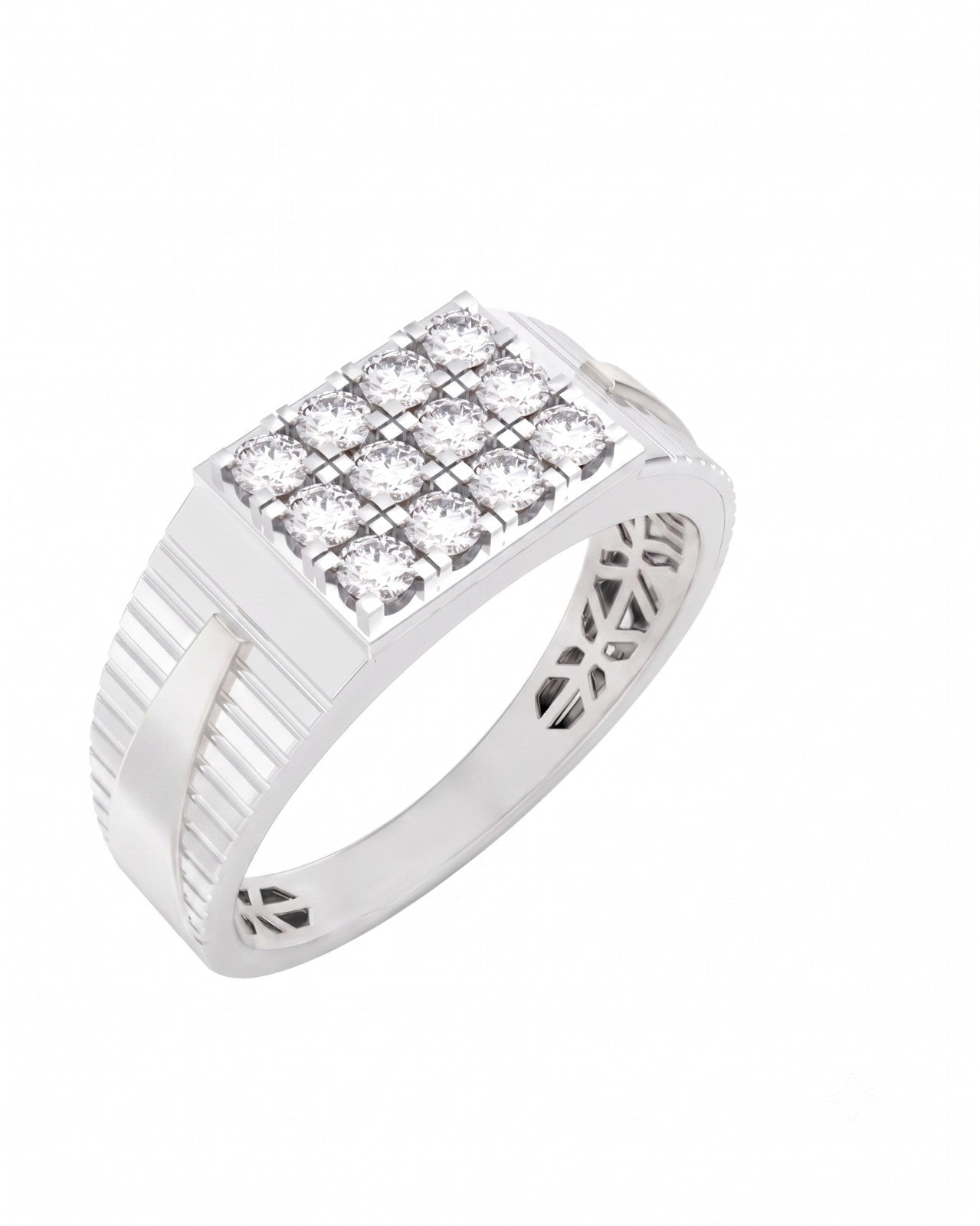 A white gold and diamond men's ring featuring a square diamond cluster on a white background.