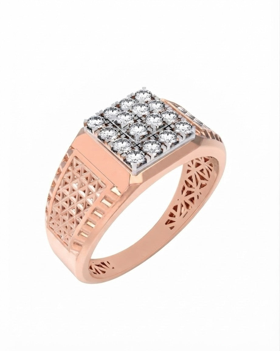 A men's diamond ring in rose gold and diamond, featuring a square-shaped top set, shown on a plain white background.