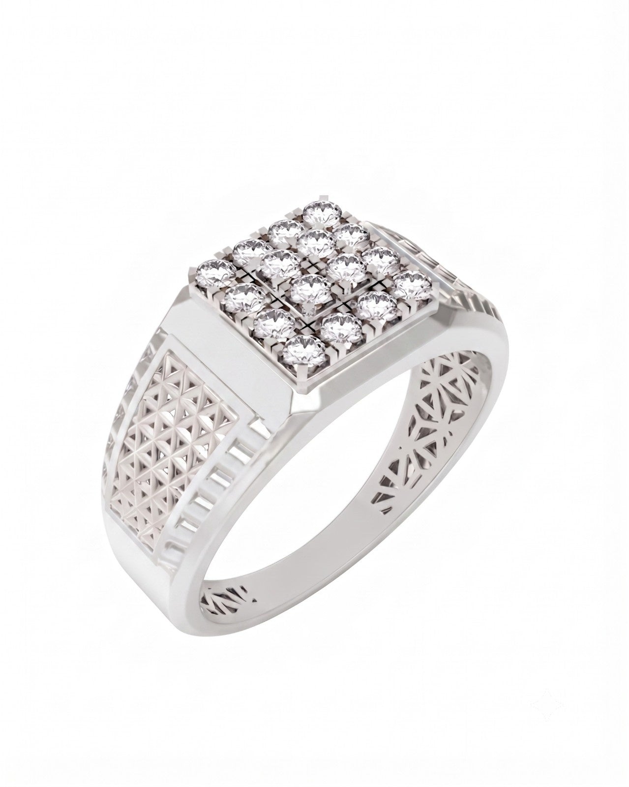 A men's diamond ring in white gold and diamond, featuring a square-shaped top set, shown on a plain white background.