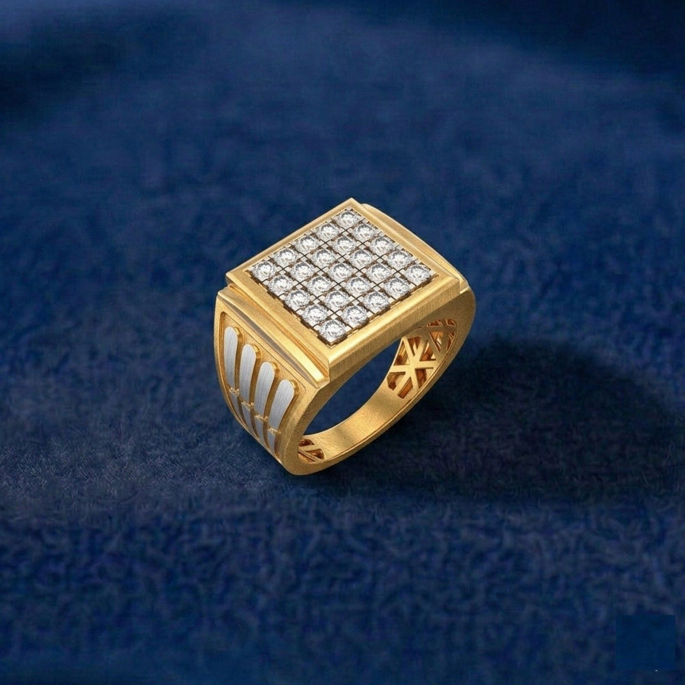 Gold ring with diamond accents on a blue textured background