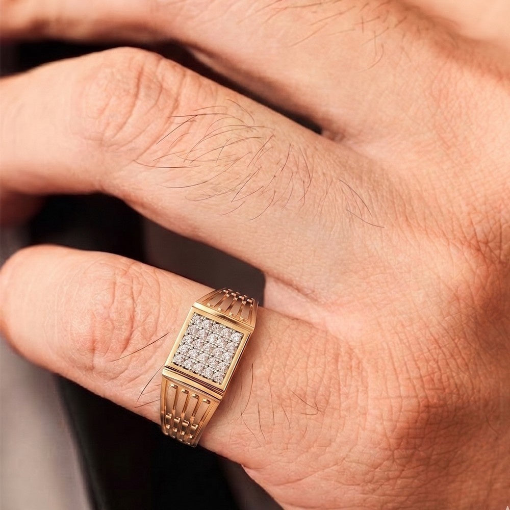 Rose gold ring with diamonds on a finger