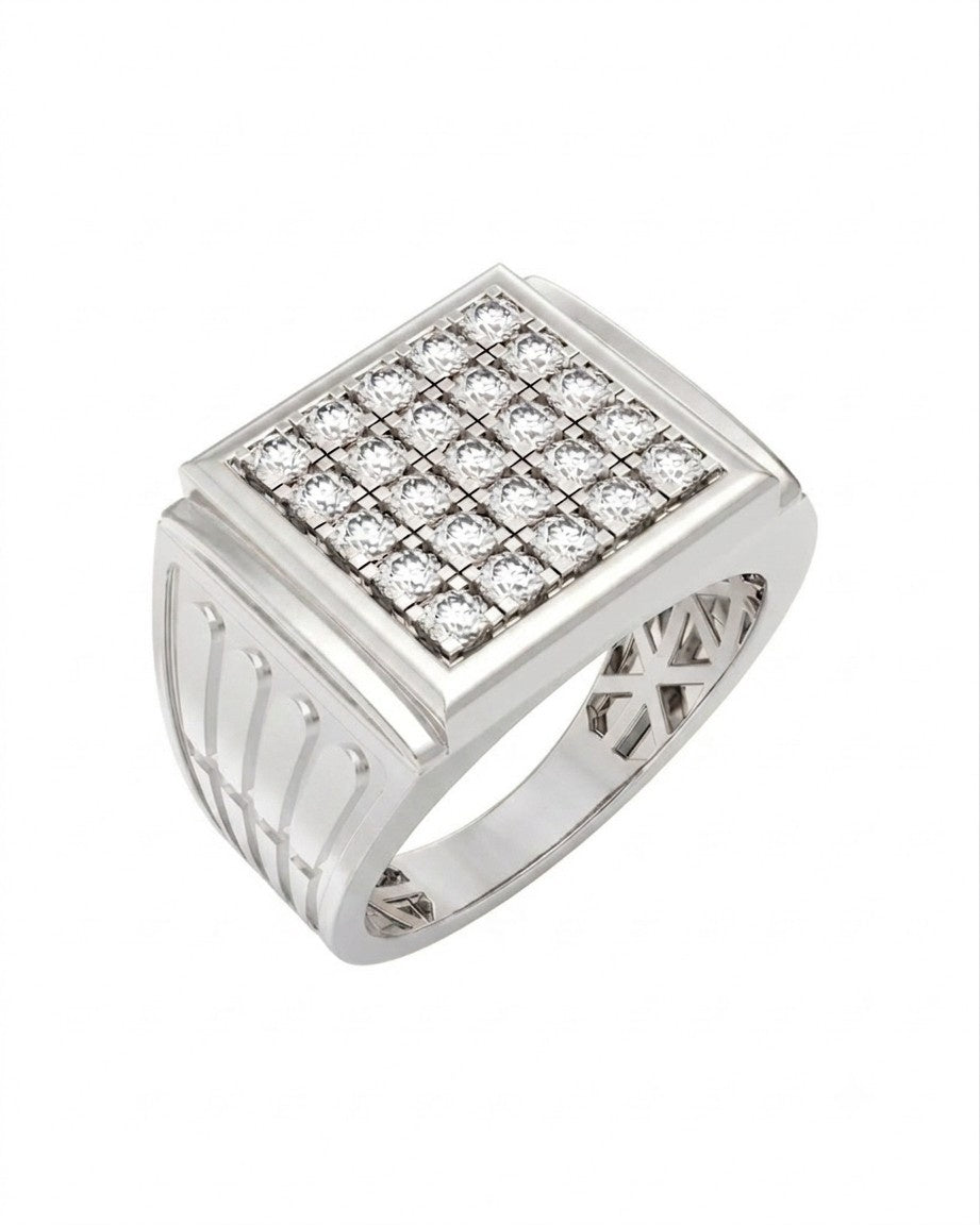 A white gold signet ring featuring a square face paved, set against a plain white background.