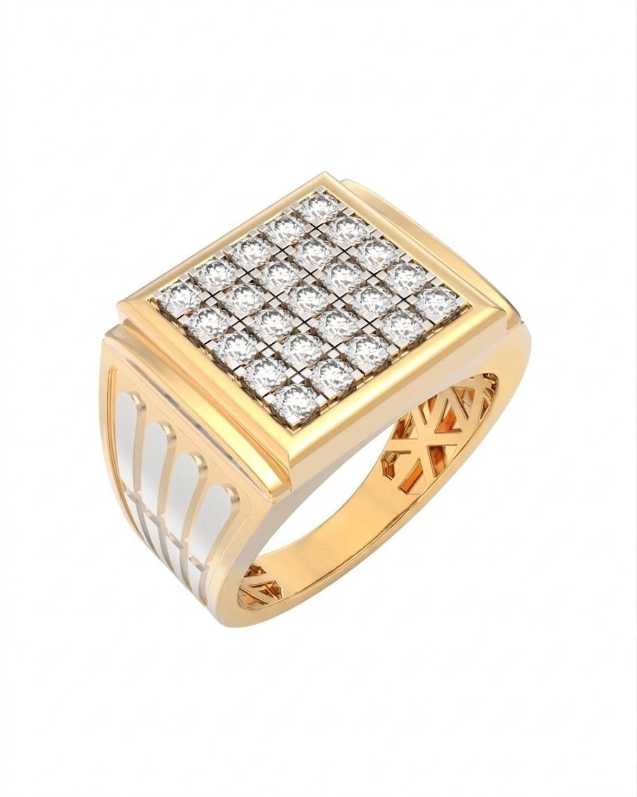 A yellow gold signet ring featuring a square face paved, set against a plain white background.