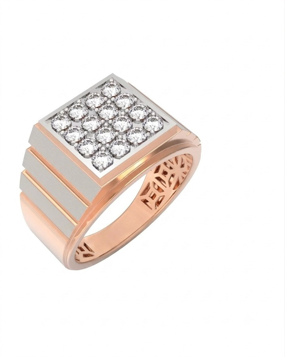 A rose gold and diamond gold signet ring featuring a square, set against a plain white background.