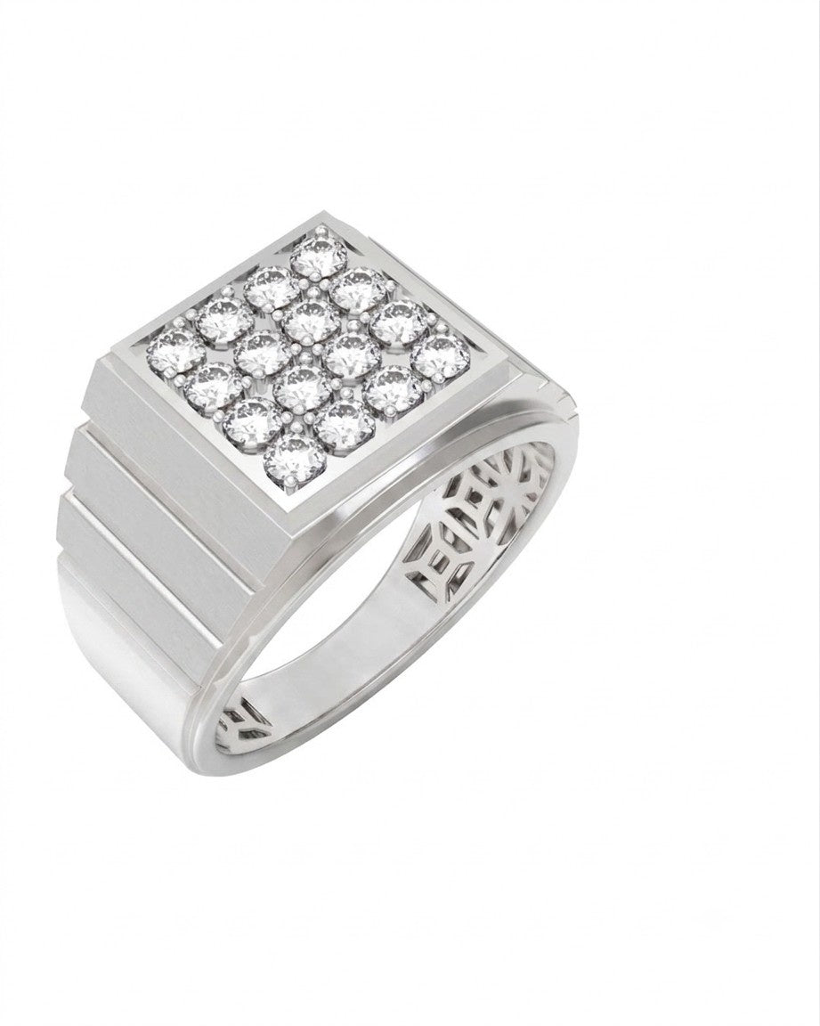 A white gold and diamond gold signet ring featuring a square, set against a plain white background.
