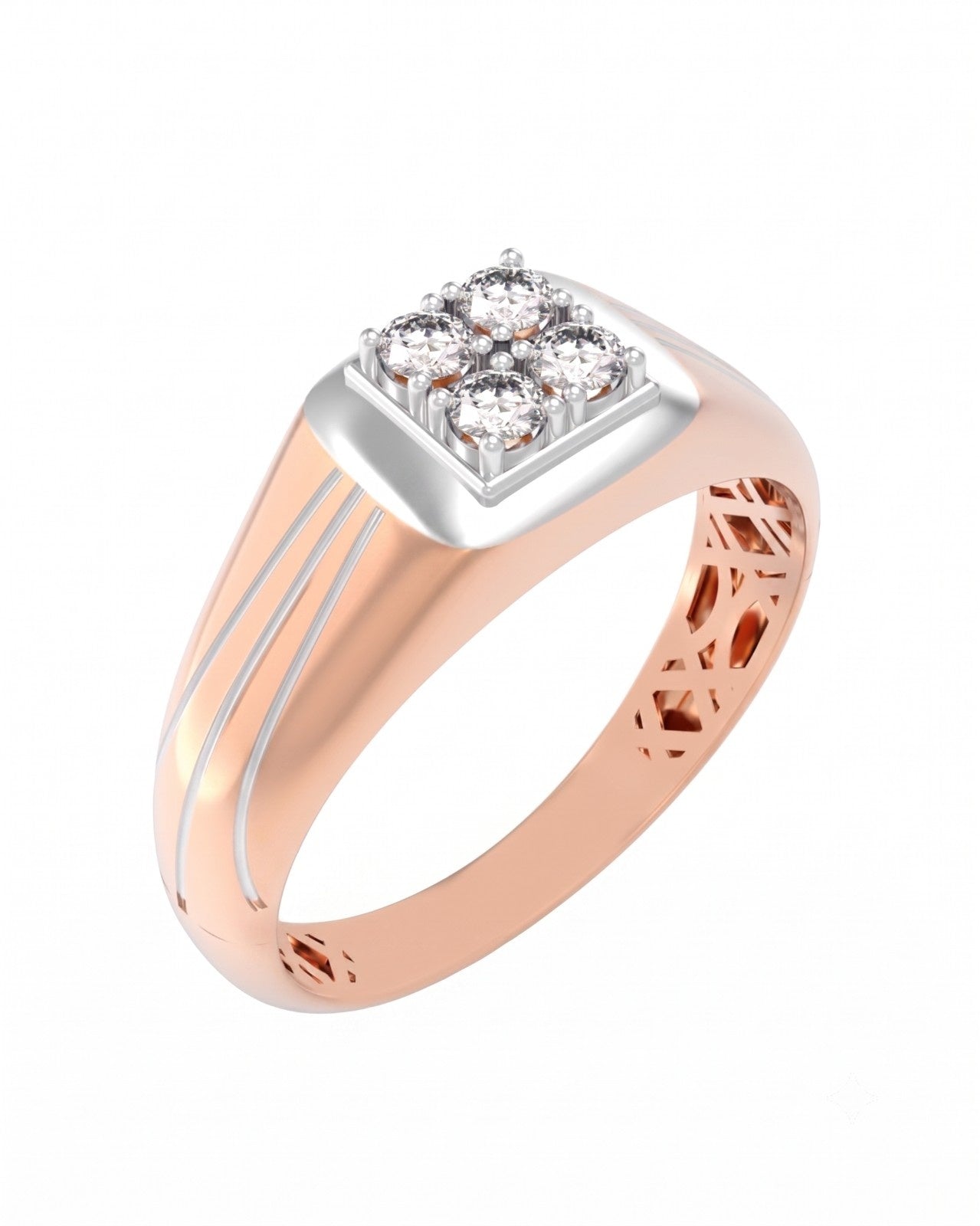 Rose gold and diamond men's ring on a white background.