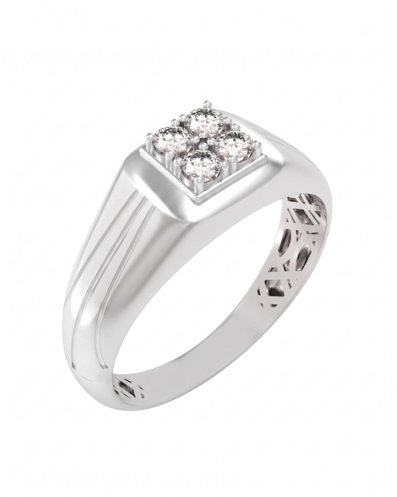 White gold and diamond men's ring on a white background.
