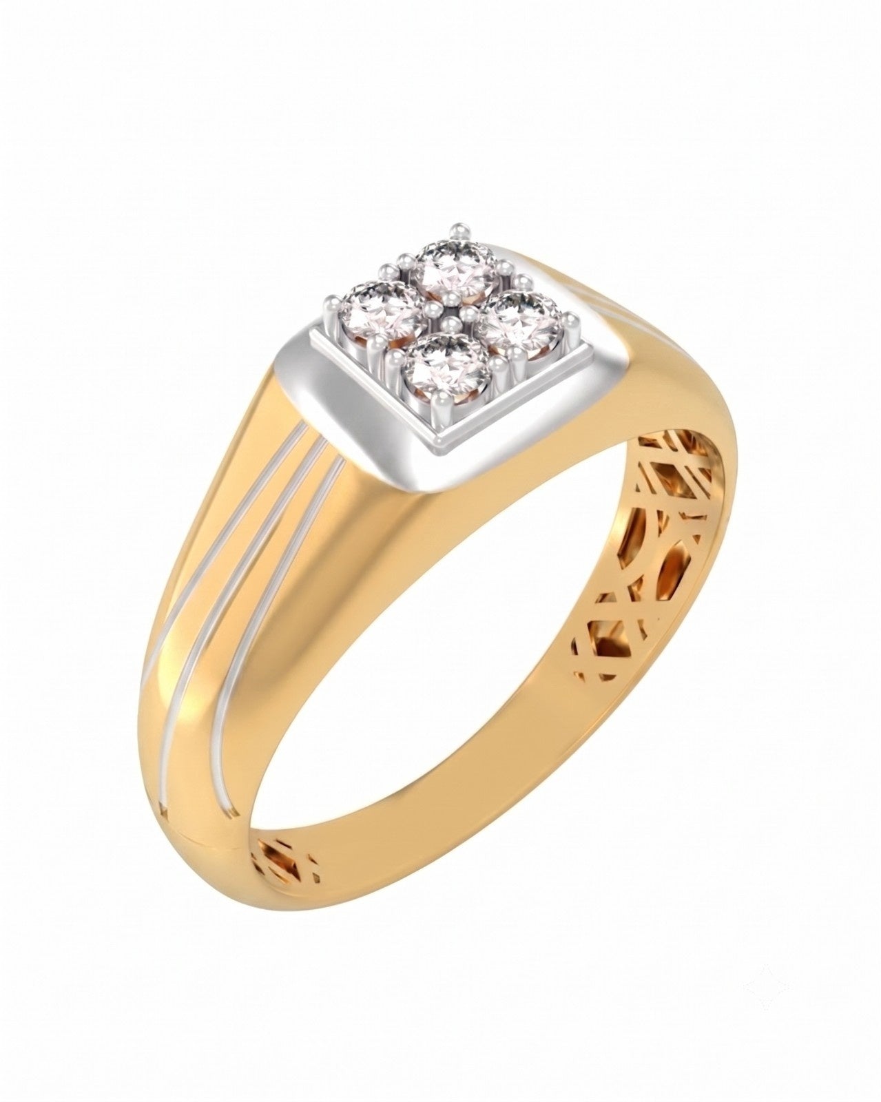 Yellow gold and diamond men's ring on a white background.