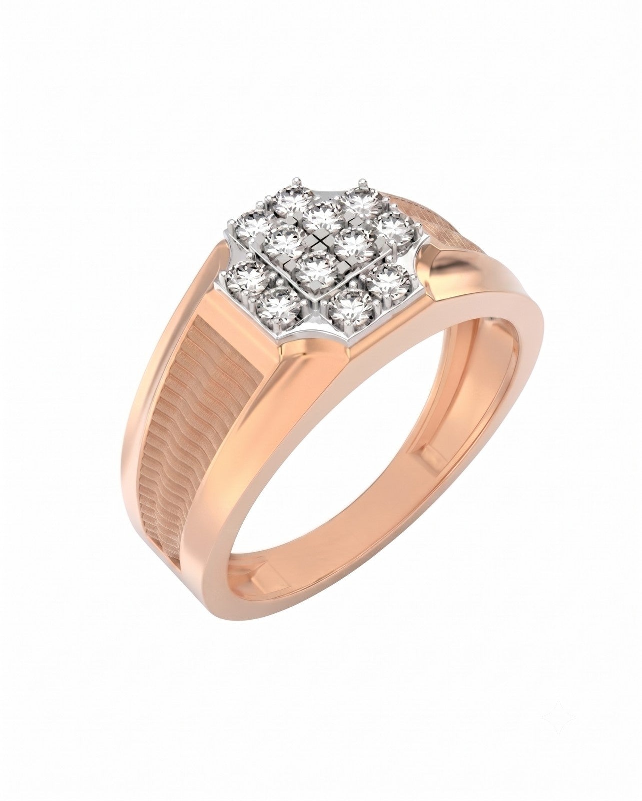 A rose gold ring with a pavé diamond cluster on a white background.