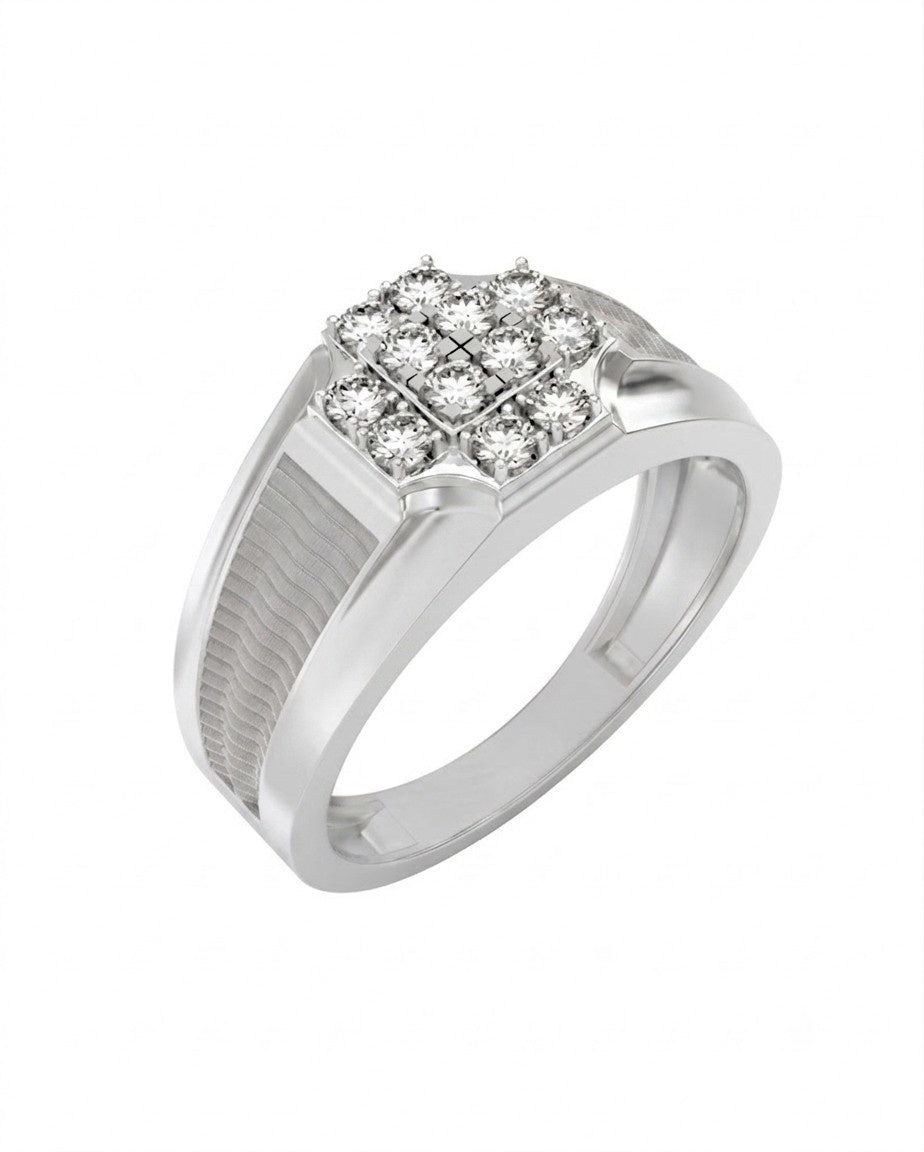 A white gold ring with a pavé diamond cluster on a white background.