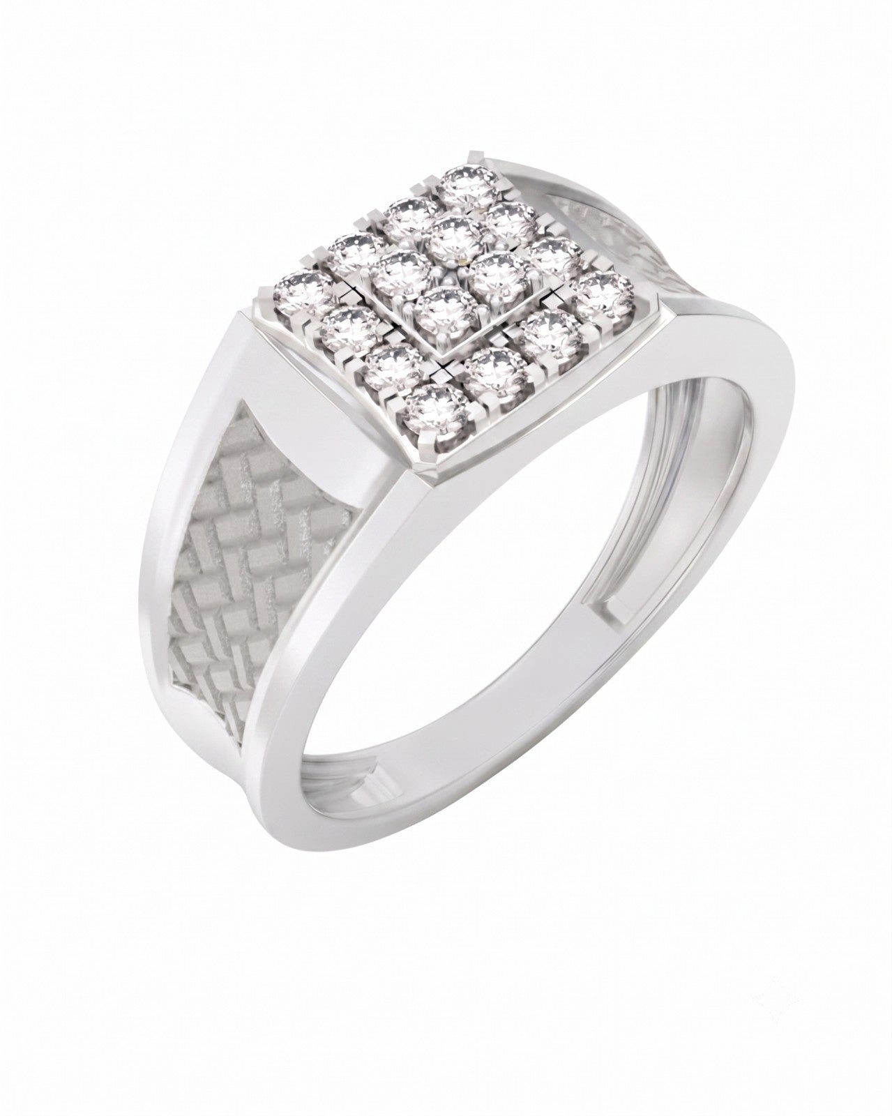 A men's signet-style ring in white gold with a square top paved, shown on a plain white background.