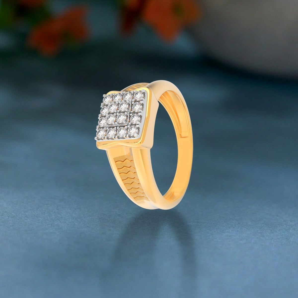 Gold and diamond square cluster ring for men featuring with sparkling diamond accents.