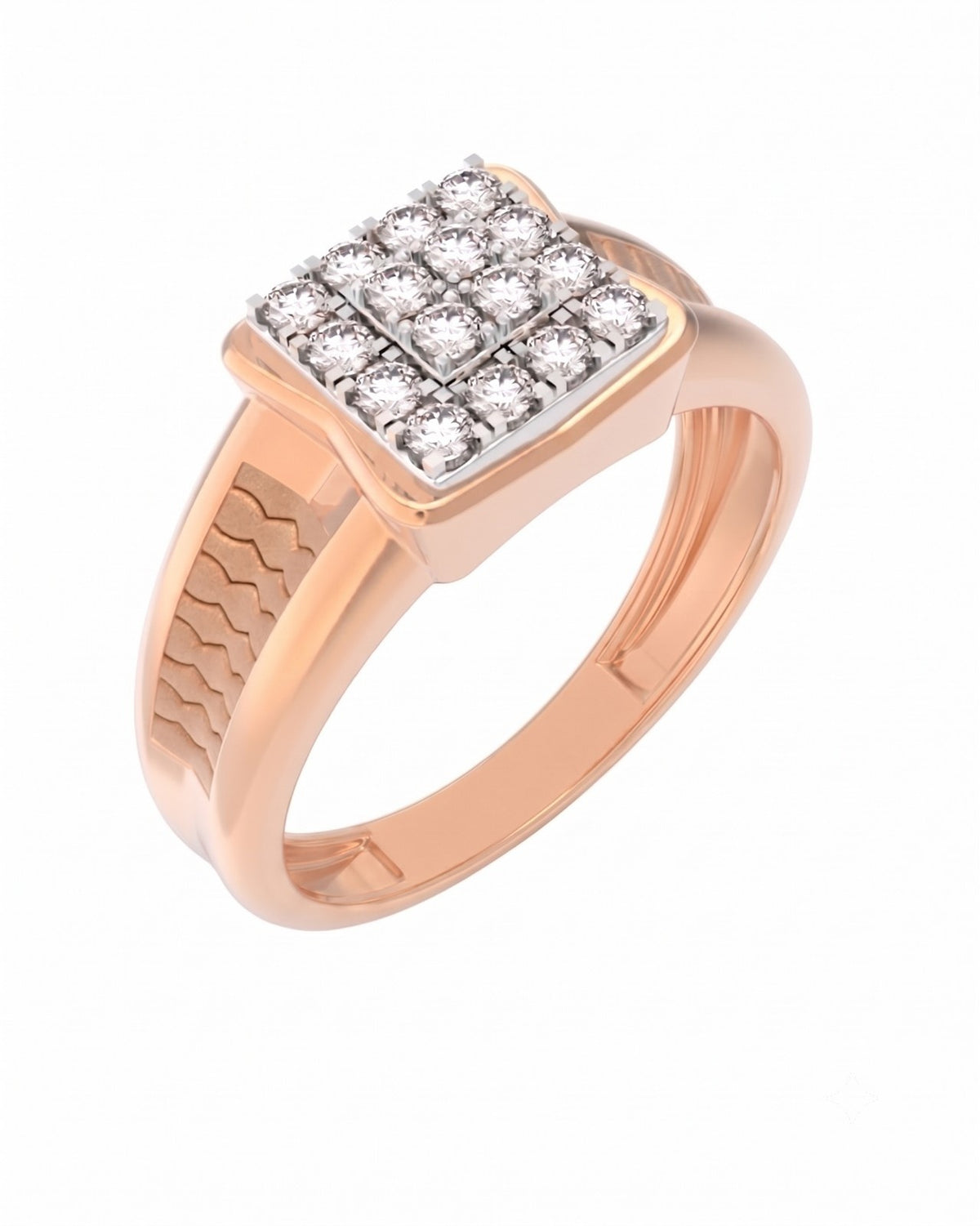 Rose gold and diamond square cluster ring for men featuring with sparkling diamond accents.